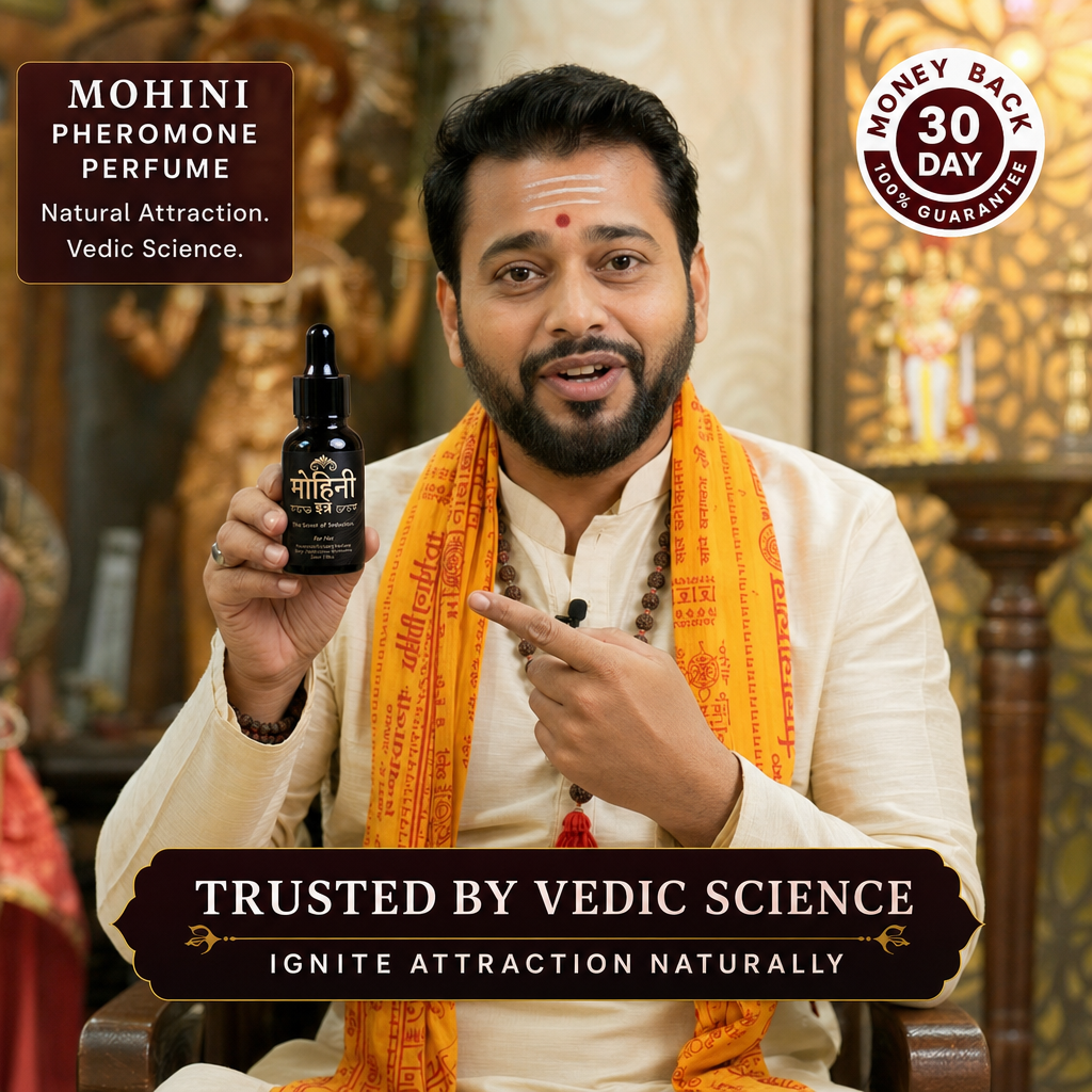 Man holding a bottle of Mohini Pheromone Perfume with text about Vedic Science and a money-back guarantee.